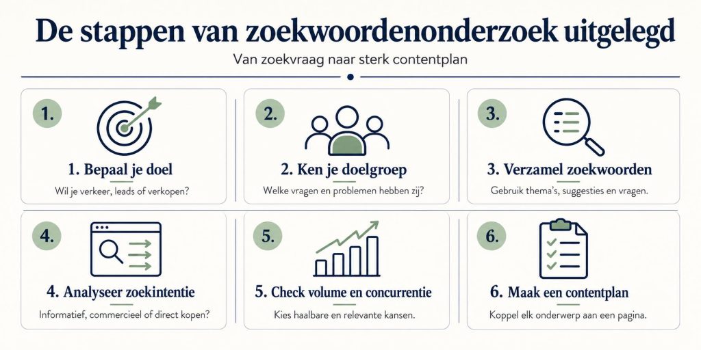 Visueel overzicht van de 8 stappen van zoekwoordenonderzoek uitgelegd met praktische voorbeelden
