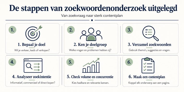 Home Visueel overzicht van de 8 stappen van zoekwoordenonderzoek uitgelegd met praktische voorbeelden